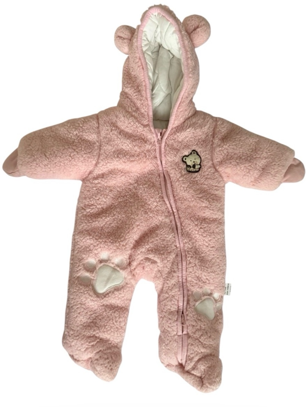 NWOT Pink Sherpa Baby Bear Hooded Snowsuit 0-3M Footed Bunting Cozy Winter - Picture 10 of 13